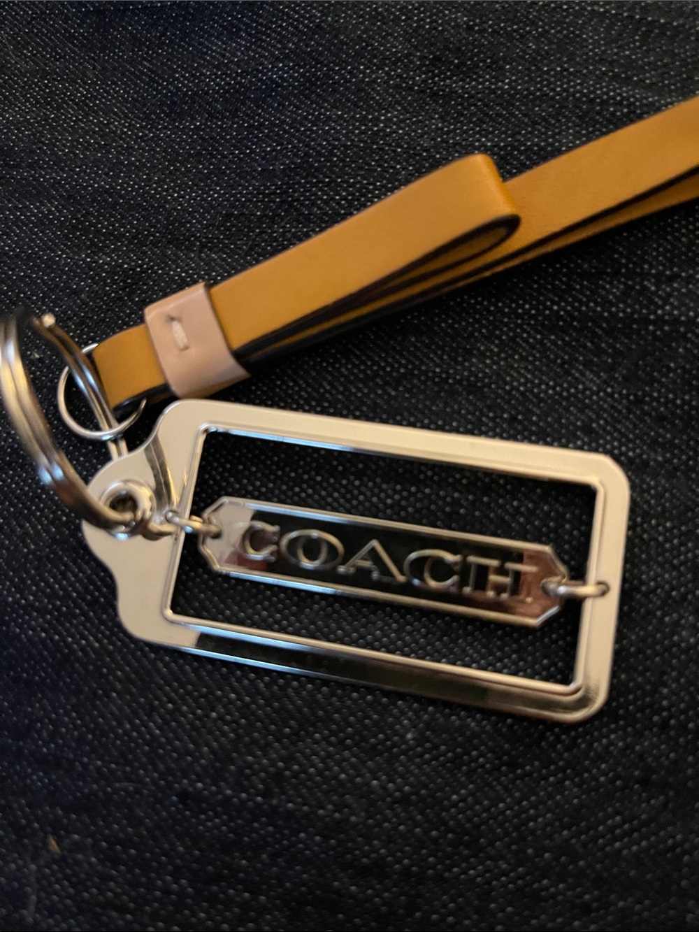 COACH Tan Leather Loop Keychain & Silver Logo Tag